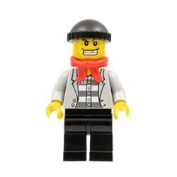 Prisoner in Jacket over Prison Stripes and Black Knit Cap and Gold Tooth and Bandana Minifigure