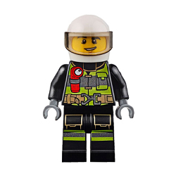 Male Firefighter in Reflective Stripes and White Helmet Minifigure