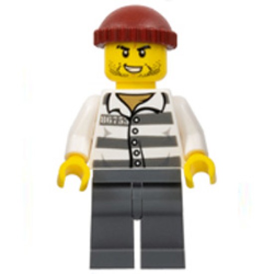 Police - Jail Prisoner 86753 Prison Stripes, Dark Red Knit Cap, Scar, and Stubble Minifigure