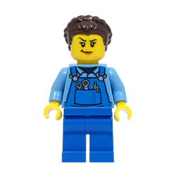 Female Stuntz Crew in Bright Blue Overalls over Medium Blue Shirt Minifigure
