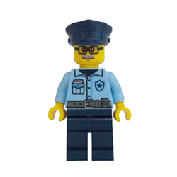 Male Police Officer in Light Royal Blue Uniform with Dark Stone Grey and Glasses Minifigure