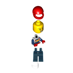 Female Race Car Driver with White and Earth Blue Racing Suit and Red Helmet Minifigure