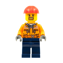 Male Forklift Driver with Orange Safety Jacket and Sand Blue Hoodie Minifigure